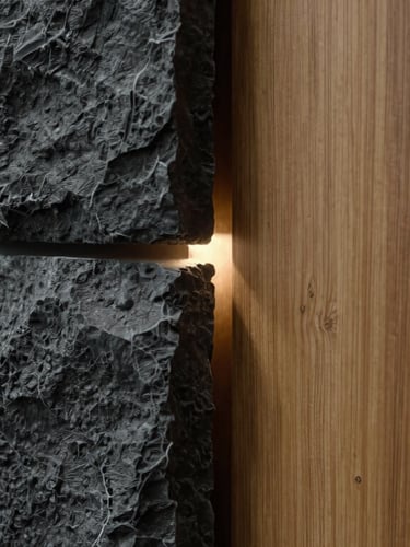 Extreme close-up of a dark textured basalt stone wall meeting a warm oak wood panel, a subtle, razor-thin slit of warm light emerging from the joint.