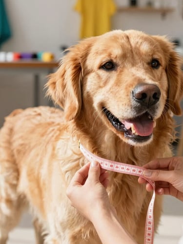 Close-up of hands carefully measuring a happy golden retriever with a soft tape measure, warm natural light, sewing workshop in Celaya in the background