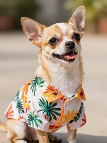 A happy small chihuahua wearing a colorful custom-tailored tropical shirt, looking up with bright eyes, warm natural daylight, soft background