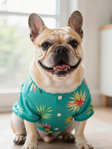 A happy French Bulldog sitting proudly in a bright room, wearing a vibrant tropical teal shirt that fits perfectly, warm natural daylight, eye-level shot
