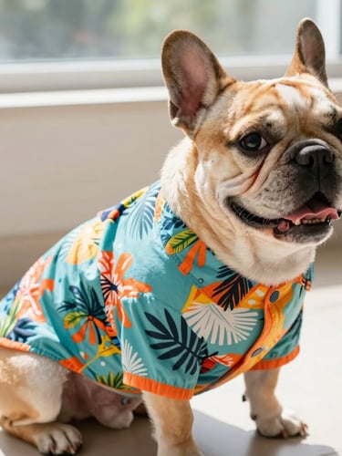 Bright natural daylight photo of a happy French bulldog wearing a colorful custom-fit tropical shirt, sitting comfortably indoors, sharp focus on fabric texture