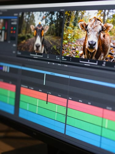 Macro close-up of a video editing timeline on a high-end monitor, showing precise cuts, multi-layered audio tracks, and vibrant color grading curves, shallow depth of field.