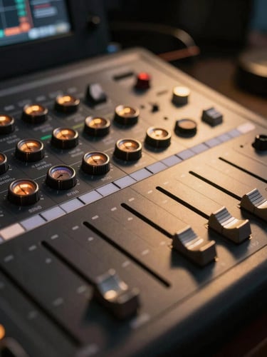 Macro close-up of a high-end video editing console with illuminated dials, dark studio environment, warm gold backlighting, professional post-production setup.