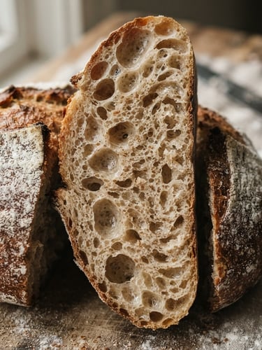 Macro shot of a sliced sourdough gluten-free bread boule, showing highly aerated crumb structure with perfect air pockets (alvéolos), warm natural side-light from a window, flour dusting, 35mm lens.