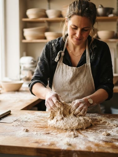 Portrait of a baker working with wet gluten-free dough on a flour-dusted wooden counter, soft natural side daylight from a window, warm editorial food photography style, shallow depth of field, 35mm