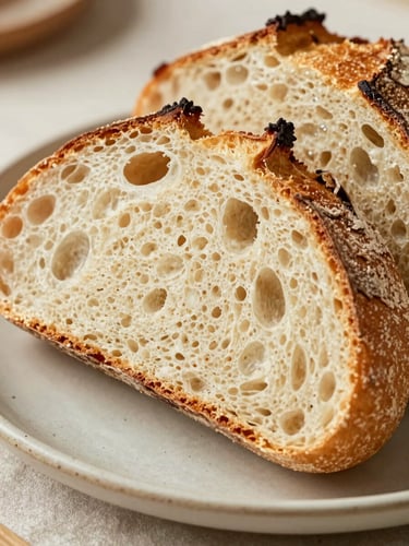 Macro shot of a freshly sliced gluten-free sourdough boule, showing a highly hydrated, airy crumb structure with perfect alvéolos, warm golden crust, shot on rustic ceramic plate, natural side light, 35mm