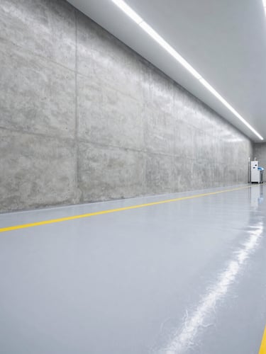 Close-up of industrial mechanical surface preparation, a shot blasting machine operating on a concrete floor, bright clinical fluorescent lighting.