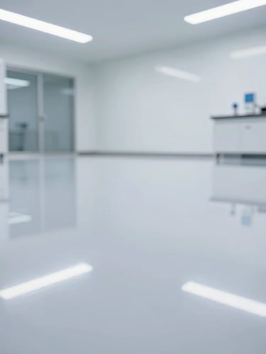 Heroic close-up of a finished high-gloss gray epoxy floor in an empty industrial warehouse, sharp linear reflections of overhead lights.