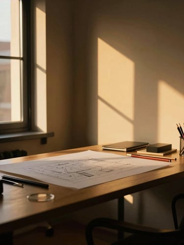 A quiet, warm-lit architectural workspace with clean lines, a designer desk with drafting tools, and golden-hour window light casting deep shadows.