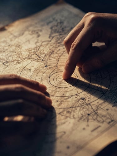 Macro close-up of two hands tracing overlapping celestial orbits on a heavy parchment map, warm golden-hour side lighting, deep navy shadows, editorial 35mm photography.