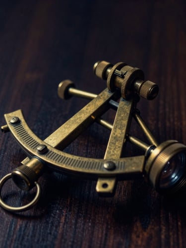 Macro close-up of a vintage brass sextant on a dark wooden table, dramatic low-key lighting, deep navy shadows, warm gold highlights, 35mm lens