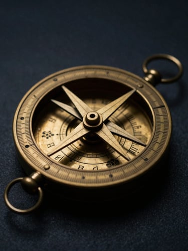 A close-up of a vintage brass astrolabe on dark parchment, dramatic low-key lighting, warm gold reflections against deep navy shadows, 35mm editorial photography.