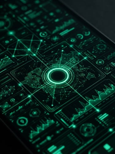 Macro shot of a high-end mobile screen displaying a complex dark-mode UI with sharp emerald lines, low-key dramatic studio lighting, high contrast