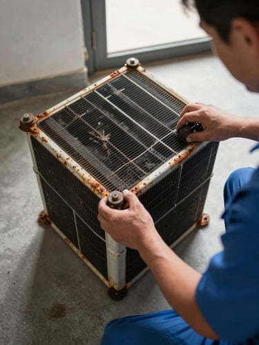 Documentary overhead shot of a technician's hands examining a corroded AC condenser coil resting on a concrete floor, natural daylight from a doorway, rust and grime detail visible on the fins