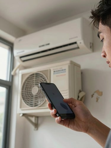 Close-up of a man's hand holding a phone near a dusty split AC unit mounted on a wall, natural window light from the left, unit label clearly visible, peeling wall texture in the background