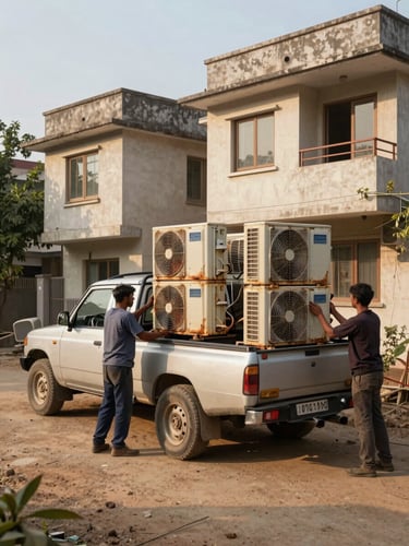 Wide environmental shot, natural daylight, a pickup truck parked outside a residential building in Noida, two workers in work clothes loading a rusted split AC outdoor unit into the truck bed, stacked older units already visible inside the truck, dusty concrete driveway, golden afternoon light casting long shadows