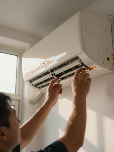 Close-up, natural daylight — technician's hands gripping the side panel of a wall-mounted split AC unit, corrosion visible on the bracket, assessing condition before disconnection; shallow depth of field, warm indoor light from a window to the left