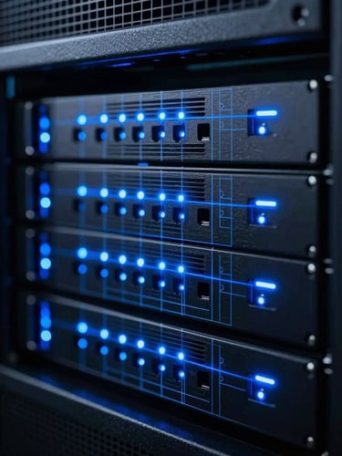 Macro shot of physical server rack with sharp electric blue LED indicator lines, dark brushed metal texture, blueprint overlay grid, cinematic lighting, 35mm