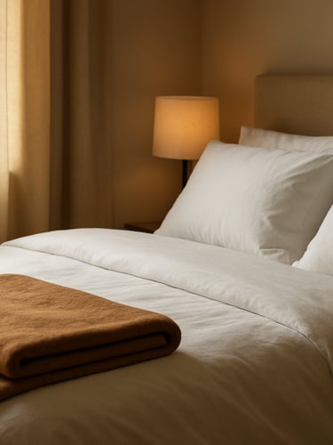 Close-up of a neatly made bed in a well-lit short-term rental room, warm natural daylight streaming through a linen curtain to the left, crisp white pillows and a folded throw in warm caramel tones in the foreground, a bedside lamp softly glowing in the upper right — quiet, lived-in, cared-for atmosphere