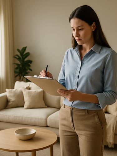 Wide environmental shot of a bright apartment living room, a property manager in casual professional attire standing near a window reviewing a checklist, natural daylight flooding from the left, warm neutrals throughout, cushions and linens arranged with care in the background, documentary framing