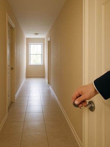 Wide interior corridor of a well-maintained rental apartment, natural daylight streaming through an open window at the far end, a property manager's hand visible checking a door handle in the foreground, warm neutral walls, clean tile floor, documentary framing
