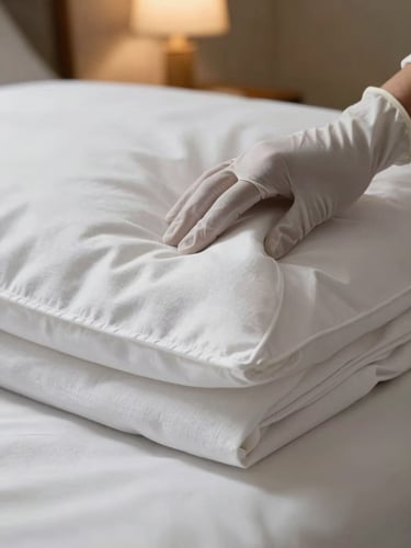 Close-up of freshly folded white linen on a neatly made bed, a gloved hand smoothing a pillow corner, warm side-light from a bedside lamp, shallow depth of field, documentary detail shot showing meticulous care