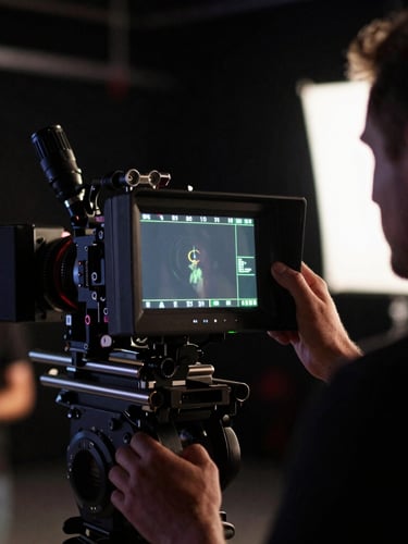 Behind the scenes on a professional film set, a director looking at a high-end camera monitor, dramatic high-contrast lighting, deep shadows, 35mm film grain.