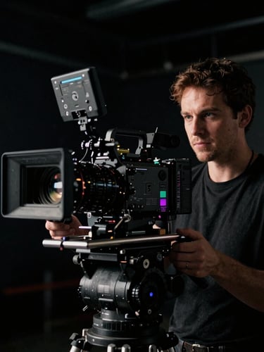 Cinematic portrait of a camera operator adjusting a high-end cinema rig on a dark set, dramatic high-contrast lighting, deep shadows, 35mm film grain.