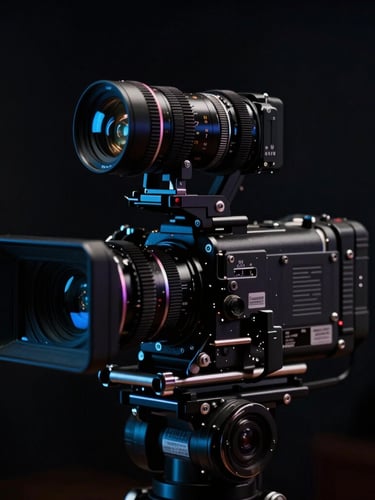Primer plano dramático de una cámara de cine de alta gama con ópticas anamórficas en un set de filmación oscuro, iluminación de claroscuro con sutiles acentos de luz de neón azul, estilo cinematográfico editorial, grano de película de 35mm