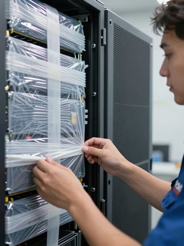 Close-up of a professional technician in a branded uniform securing server racks with heavy-duty anti-static wraps inside a clean corporate staging area