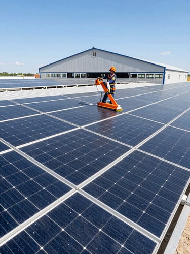 Crisp industrial photography, wide shot of a massive agricultural hangar roof covered in solar panels, a technician wearing a safety harness using a soft-brush cleaning system under bright direct sunlight.