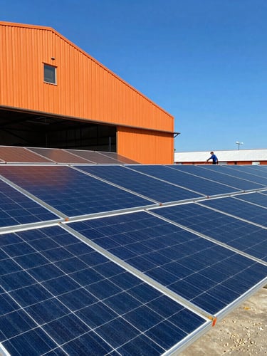Crisp industrial photography of massive solar arrays on an agricultural hangar under bright direct sunlight, a professional cleaning technician visible in the distance, deep blue sky