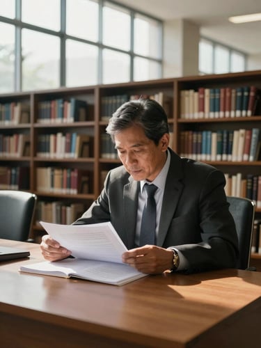 Medium shot of Fritz Edward Siregar seated at a law library reading table, leaning forward over open legal documents, north-facing natural daylight from tall windows casting clean shadows, bookshelves receding behind him, journalistic framing