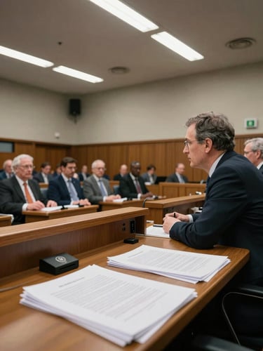 Wide environmental shot looking across a parliamentary hearing room from the side gallery — Fritz seated at the witness table, legal documents spread before him, ring-lit overhead institutional lighting, other officials visible in mid-ground, journalistic framing with shallow depth of field on the documents