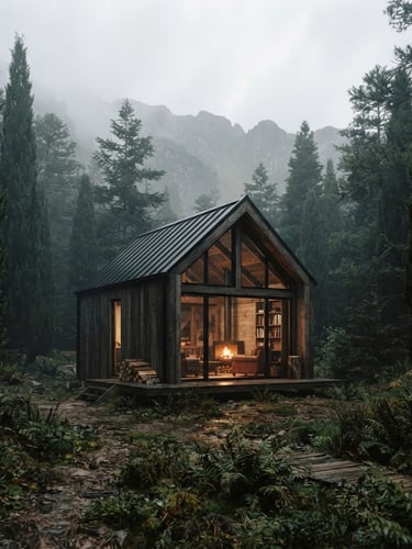 Atmospheric cabin photography, soft overcast daylight, moody forest tones, warm interior firelight, 35mm film, showing a minimalist alpine cabin nestled among tall cypress trees in a misty mountain forest