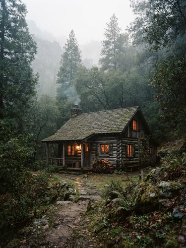 Atmospheric mountain cabin exterior, soft overcast daylight, misty forest of cypress trees, 35mm film photography