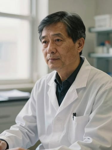 Dignified environmental portrait of an academic researcher working in a naturally lit laboratory, focused expression, soft depth of field, 35mm
