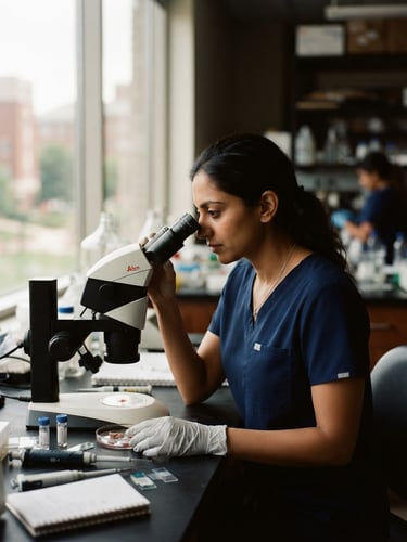 A focused researcher in a modern laboratory adjusting a microscope under soft natural window light, deep navy tones, shallow depth of field, 35mm