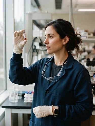 A medium-close environmental portrait of a female researcher in a modern laboratory looking thoughtfully at a glass vial under soft, natural window light, muted deep navy tones, shallow depth of field, 35mm.