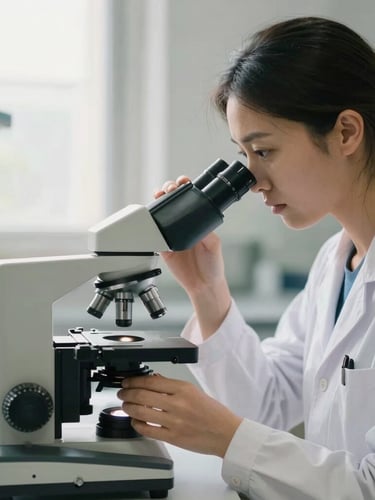 A female researcher in a modern laboratory adjusting a microscope under soft natural window daylight, 35mm, shallow depth of field, navy and ivory tones