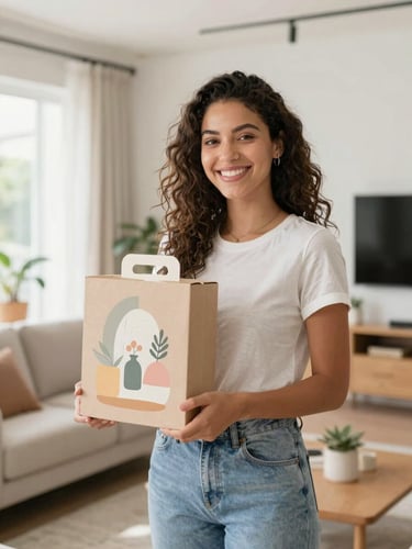 A happy young Brazilian woman smiling in a bright, modern living room holding a beautifully packaged home decor item, natural daylight, warm pastel tones, 35mm lens