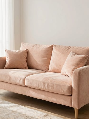 Bright lifestyle photography of a cozy modern living room with warm pastel peach decor, soft natural daylight, clean interior background