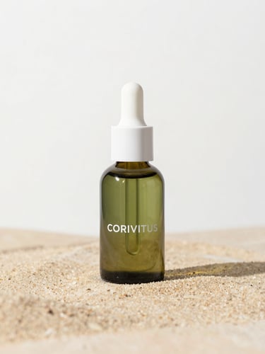 A clean minimalist portrait of the Corivitus amber glass bottle on a warm sand-colored stone surface, soft overcast daylight, clinical-editorial style.