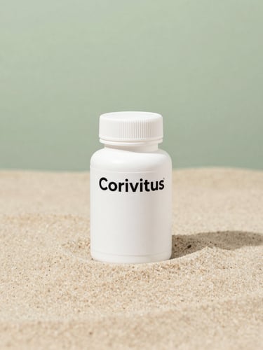Minimalist product shot of the white Corivitus supplement bottle on a sterile warm sand surface, sharp clinical focus, soft overcast daylight, desaturated green shadows.
