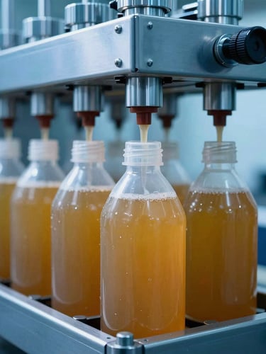High-contrast industrial photography of a modern automated lubricant bottling line, metallic blue and amber tones, crisp cool studio light, sharp macro focus, 35mm