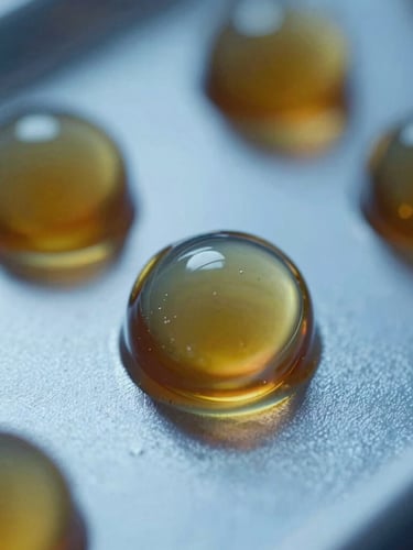Macro close-up of amber-colored oil droplets in a high-tech laboratory, cool metallic blue undertones, sharp focus, 35mm
