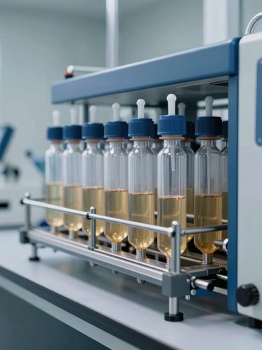 A clean automated bottling line and high-tech laboratory testing equipment, modern industrial facility, crisp daylight, 35mm