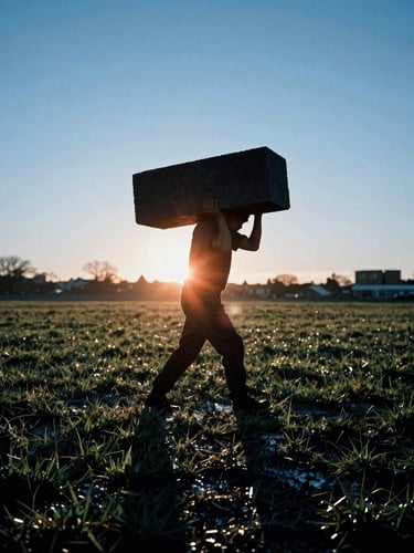 Silhouette of a man carrying a heavy cinder block across wet grass at dawn, high-contrast cool blue pre-dawn tones with a sharp orange sunrise flare, dramatic shadows, 35mm film