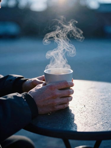 Close-up of hands holding a coffee cup around a small outdoor table in the early morning, steam rising, cool pre-dawn blue tones, raw textures