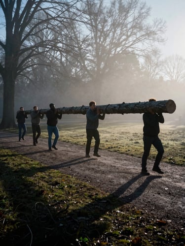 Dramatic wide environmental shot of men carrying a heavy log together in a misty park during sunrise, high-contrast dawn light, heavy shadows
